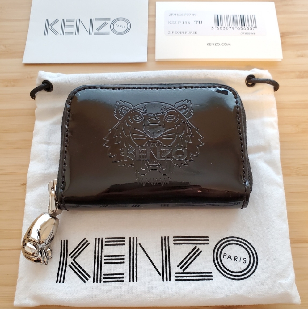 KENZO Tiger Black Patent Zip Coin Purse Wallet